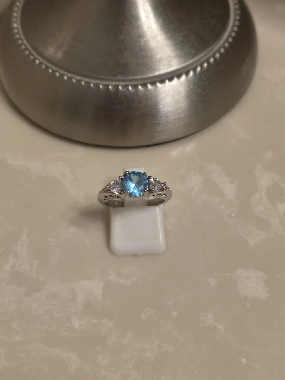 925 Silver CZ and Aquamarine Ring Size 6